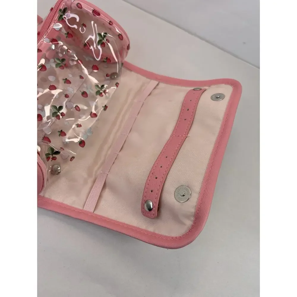 MAMICA Pink Strawberry Print Jewelry Roll Travel Organizer Clear Zip Pouch